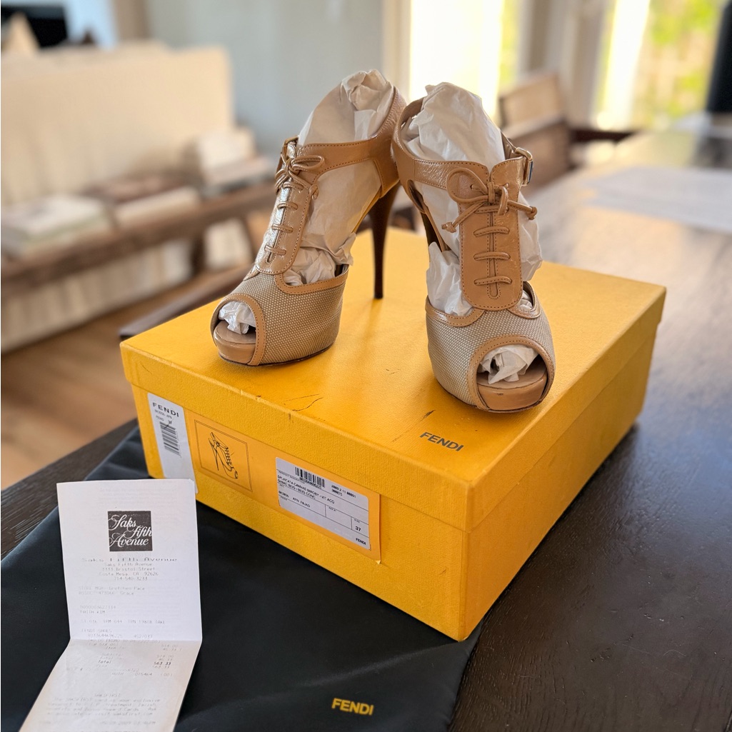 Fendi Canvas & Leather Beige And Tan Lace-Up Peep-Toe Stilettos